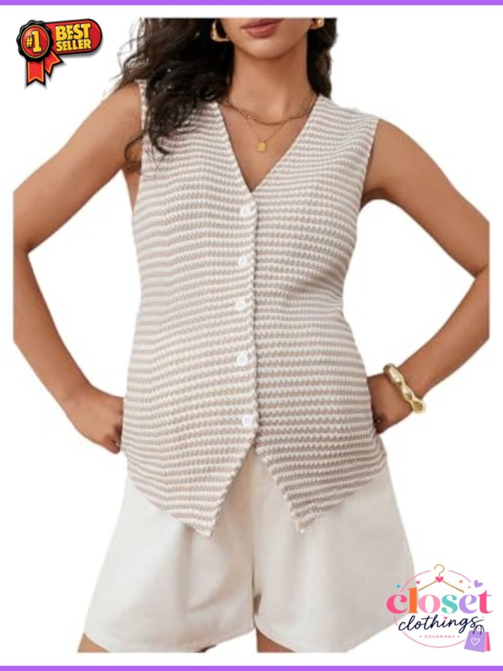 Women's Maternity Striped Knit Button Down Tank Top Sleeveless V-Neck